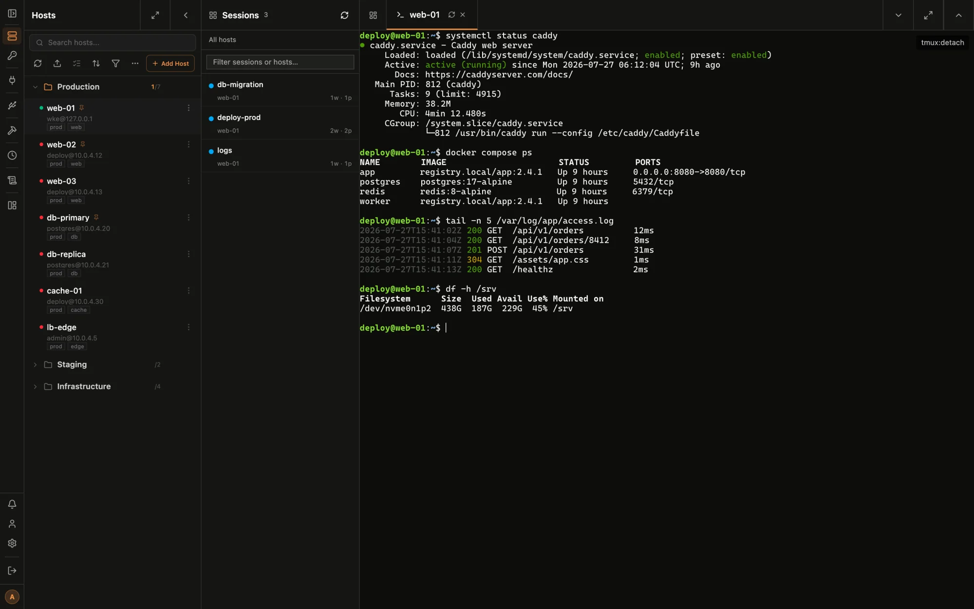 Termelix browser terminal running systemctl, docker compose, and log tails on a remote host over SSH