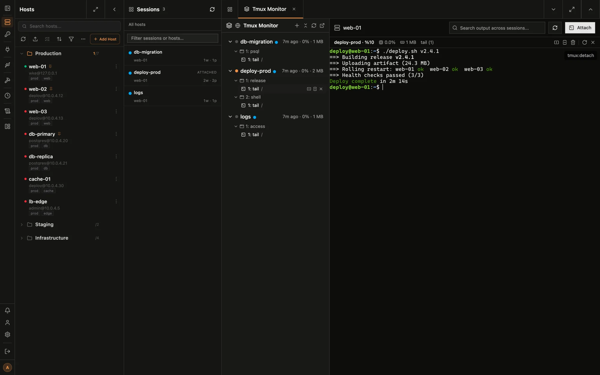 Termelix tmux monitor: session, window, and pane tree with per-pane activity states next to a live terminal